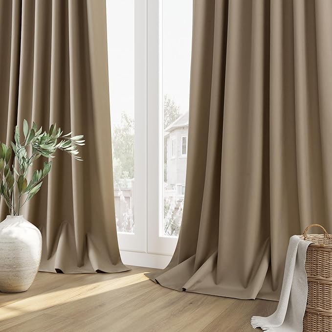 Guken Dark Camel Blackout Curtains 120 Inch Length 2 Panels Set for Living Room Bedroom Back Tab Thermal Insulated 100% Black Out Linen Drapes Room Darkening Window Curtains 120 Inches Long