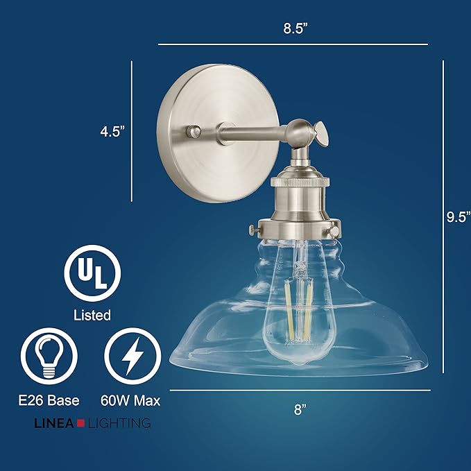Linea di Liara Lucera Farmhouse Brushed Nickel Wall Sconce Wall Lighting Fixture Vanity Wall Sconce Lights Bathroom Sconces Wall Lights for Hallway, Bulb Included, UL Listed