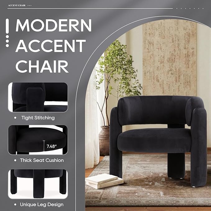 COLAMY Modern Accent Chair, Velvet Accent Chairs, Upholstered Barrel Chairs with Solid Wood Legs, Comfy Side Chair for Living Room, Bedroom, Reading, Cozy Reading Chair,Black