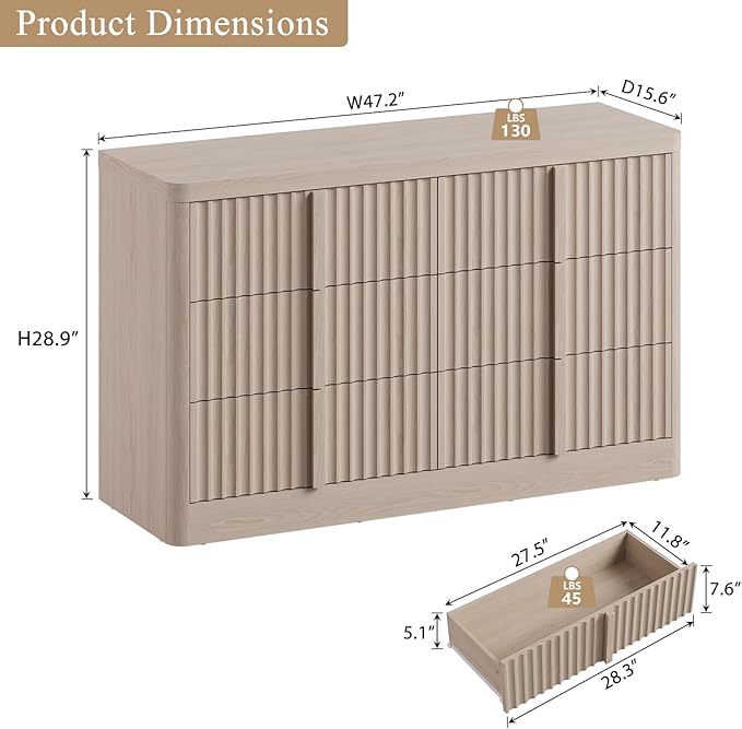 Fluted Dresser for Bedroom, 47" Wide 6 Drawer Dresser, Modern Chest of Drawers with Solid Wood Handle, Curved Profile Design, Wood Dressers Storage Organizer, Living Room, Hallway, Natural Oak