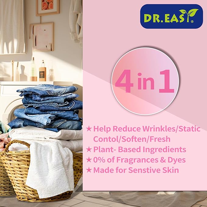 DR.EASY Dryer Sheets Plant Based Formula 252 Ct Super Caring,Softener sheets for Laundry Unscented No Dyes Reduce Static & Wrinkles Help Repel Pet Hair