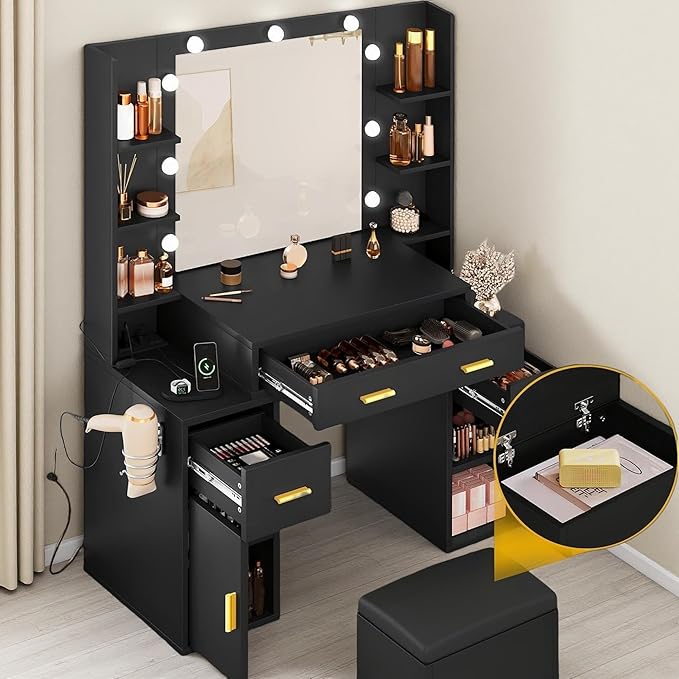 DWVO Vanity Desk with Large Mirror and LED Lights, Makeup Vanity Table Set with Power Outlets, Comfy Stool & Storage Drawers, Shelves and Cabinets, 3 Lighting Modes Makeup Table, Dressing Room, Black
