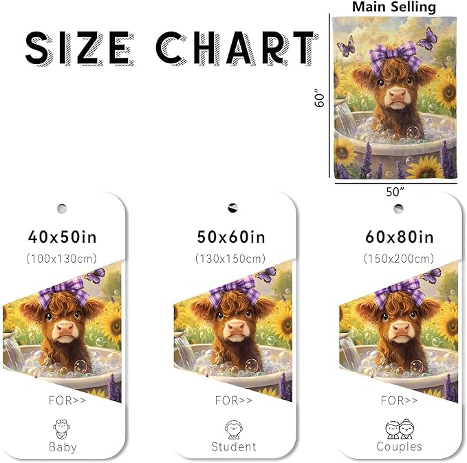 Cute Highland Cow with Bow Blanket, Cozy Flannel Calf Bubble Bath Throw Blanket for Couch Outdoor, Plush Soft Lightweight Travel Blankets for Bed Decor and Gifts, for Women Adults Kids 50"x60"