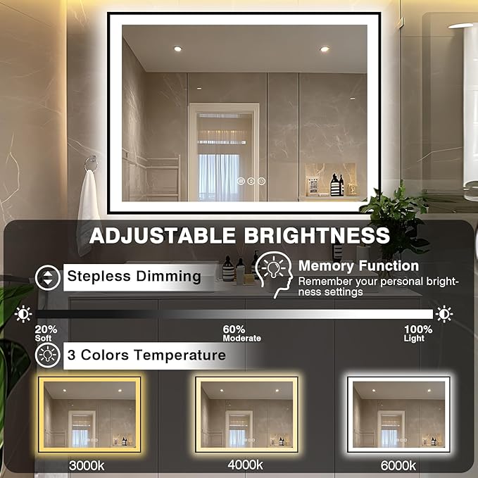 51x40 Bathroom Light up Mirror, Black Double Bright Lights Mirror, Anti-Fog Vanity Mirror with Lights, Stepless Dimmable Illuminated, Touch Control, Waterproof (Horizontal/Vertical)
