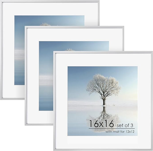 16x16 Metal Square Picture Frame For Wall With Mat For 12x12, 16''x16'' Aluminum Photo Frames With Tempered Glass For Home Decor, Minimalist Modern Poster Frame Horizontally Vertically, Silver