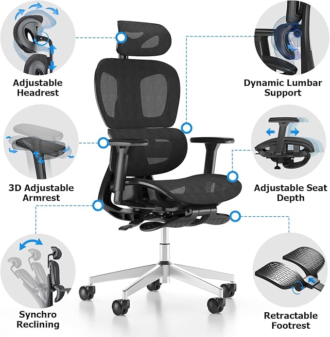Ergonomic Mesh Office Chair with 3D Adjustable Armrest,Plastic Frame High Back Desk Computer Chair Ergo3d Ergonomic Office Chair with Wheels for Home & Office Black