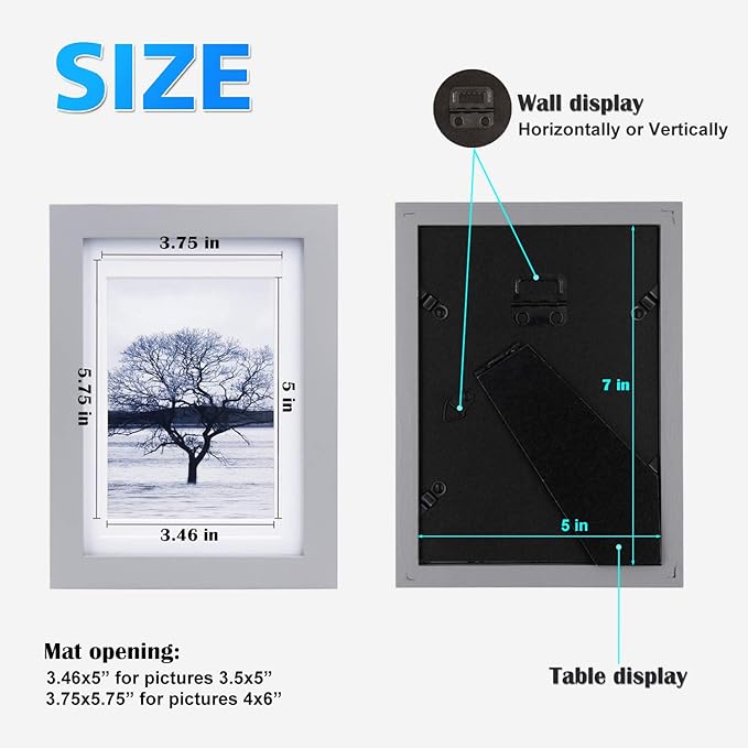 Egofine 5x7 Picture Frame Made of Solid Wood, Display Pictures 3.5x5/4x6 with Mat or 5x7 Without Mat Covered by Plexiglass for Table Top Display and Wall Mounting Photo Frame, Light Gray