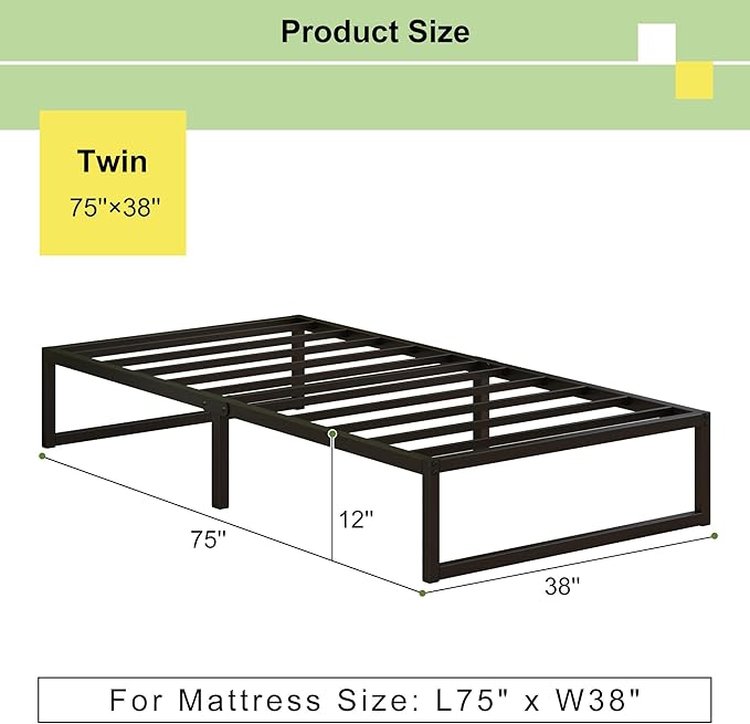 EMODA 12 Inch Twin Bed Frames No Box Spring Needed, Heavy Duty Metal Twin Platform Bed Frame, Noise Free, Easy Assembly, Black