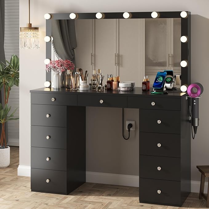 Likein Vanity Desk with Mirror and Lights,Black Vanity with Jewelry Storage Cabinet,Makeup Dressing Table for Bedroom with 11 Drawers, Power Strip, Crystal Knobs,3 Color Lighting Modes for Women,Girls