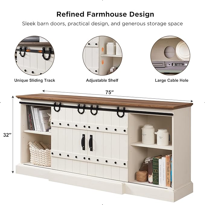 OKD Farmhouse 75" TV Stand for 80 85 Inch TV, Rustic Media Console Table with Sliding Barn Door, Large Highboy Entertainment Center with Storage Cabinet for Living Room, Bedroom, Antique White