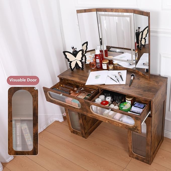 Vanity Desk with Tri-Fold Mirror and Lights, LED Makeup Vanity with 2 Drawers, 2 Doors Storage, Gifts for Girls/Women (Rustic)