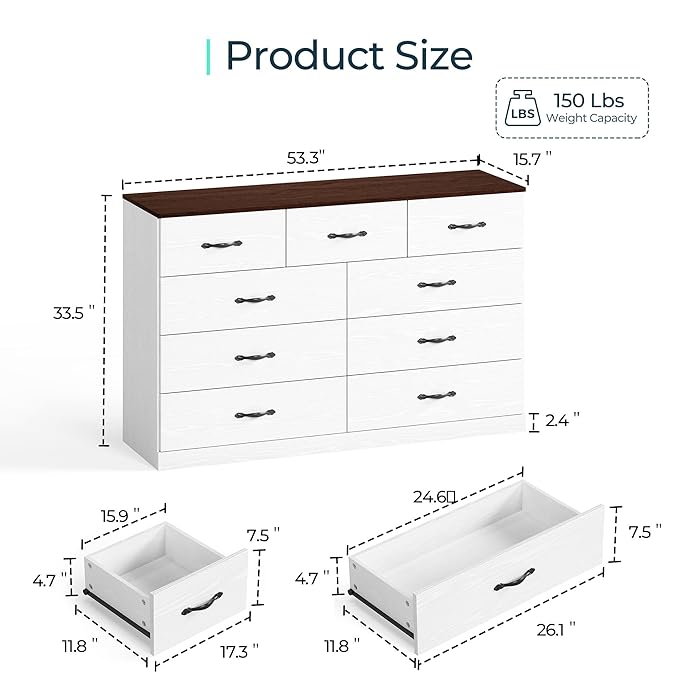 LINSY HOME 9 Drawer Dresser for Bedroom, 54" Wide Chest of Drawers, Modern TV Stand Dressers with Wood Frame and Metal Handles, Large Drawer Organizer for Bedroom, Living Room, White
