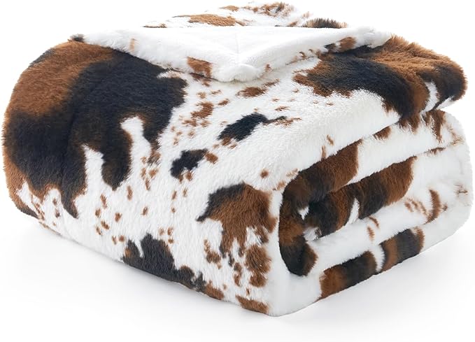 Cozy Bliss Cow Print Faux Fur Throw Blanket, Animal Printed Blankets Super Soft Warm Thick Fluffy Throws Home Decor for Couch Bed Sofa Women (Black&Brown Cow, 60x80 Inches)