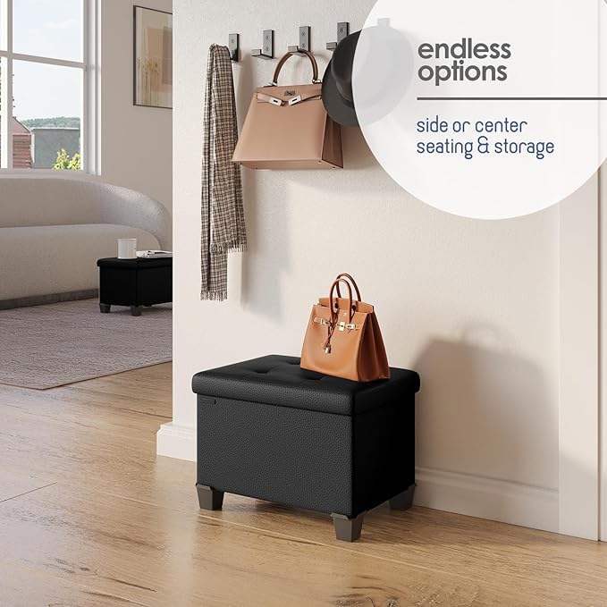 STORAGEBUD Storage Ottoman Cube with Small Bin, 16-in Square Ottoman with Storage for Living Room and Bedroom, Small Ottomans Foot Rest, Faux Leather Foot Stools Ottomans Max 330lbs, Black