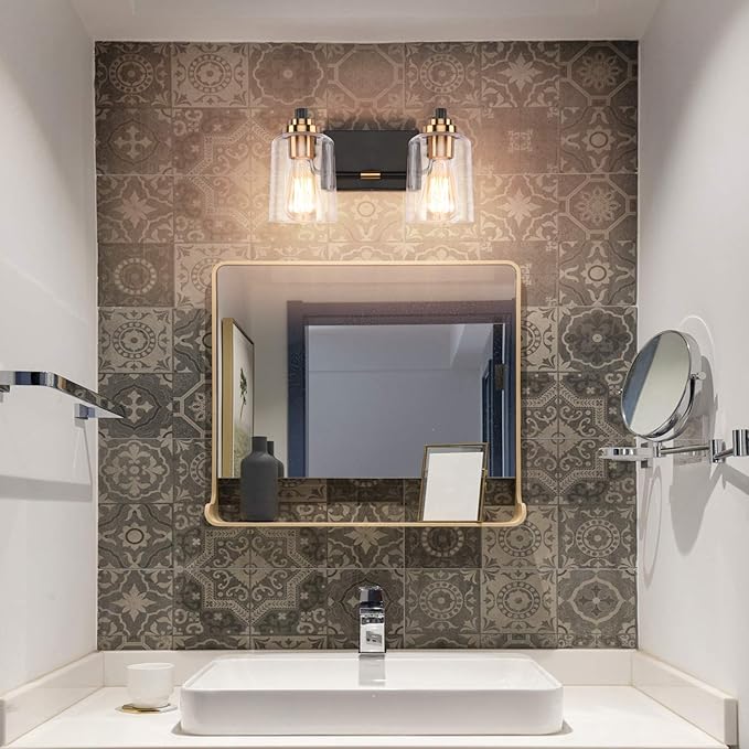 SOLFART Vintage Bathroom Vanity Light Black Bathroom Light fixtures Over Mirror Metal with Clear Glass Brass Fixtures Wall Mount Wall Lighting Sconce (2 Lights)