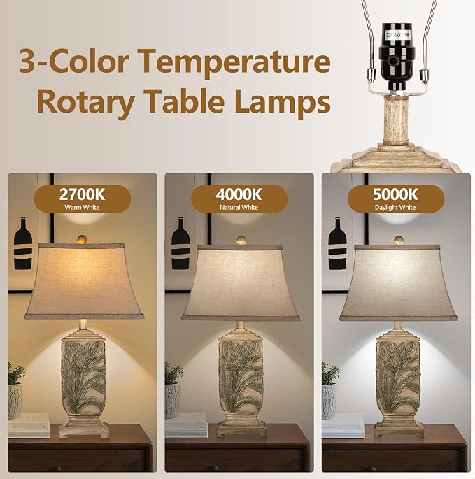 WIHTU 25" Vintage Table Lamps, 3 Color Temperature Palace Retro Beside Lamp Set of 2, Resin Desk Lamp for Livingroom Bedroom Nightstands, Rotary Switch, Carved Leaf(2 Bulbs Included)