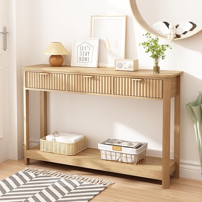 Fluted Console Table with Drawers, Modern 47.1" Entryway Table with Storage Shelf, Boho Narrow Skinny Behind Couch Wood Sofa Table for Living Room Hallway Entrance Foyer, Natural
