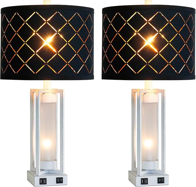 RORIANO 25" Set of 2 Farmhouse Table Lamps with USB C+A Ports, Rustic Retro Nightstand Lamps with White Night Light, Black Grid Shade, Desk Lamps for Bedroom Bedside, 4 Bulbs Included