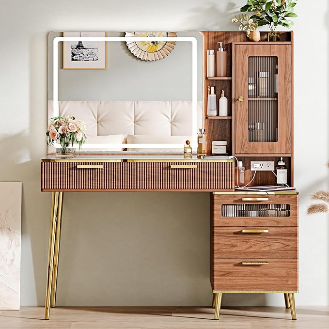 Vanity Desk with 29.53" HD Lighted Mirror, 47.24" Big Modern Vanity Desk with Mirror and Lights, Makeup Vanity with 5 Drawers and Storage Shelves and Charging Station, Walnut1