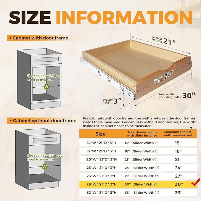 Pull Out Drawers for Cabinet 30"W x 22"D x 3"H Wood Slide Out Cabinet Organizer and Storage Cabinet Kitchen Drawers Slide Out Shelves Pull Out Shelves in Kitchen Pantry Bathroom with Soft Close