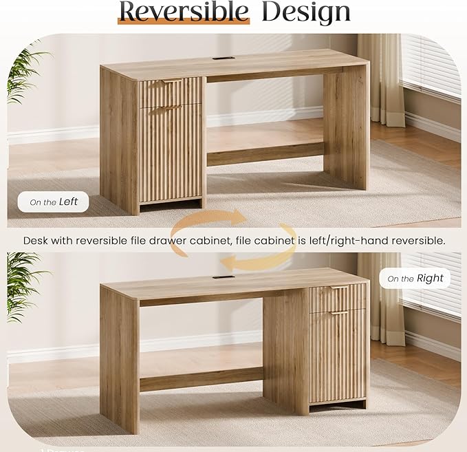 58" Fluted Home Office Desks with Storage, Modern Executive Desk Computer Desk with Drawer & Cabinet, Wood Work Desk for Office, Bedroom, Study, Living Room, Oak