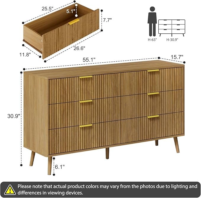 LYNSOM 55" Wide Fluted Dresser for Bedroom with 6 Drawer, Modern Chest of Drawers with Curved Profile Design and Metal Handles, Wood Dresser TV Stand & Storage Organizer for Living Room, Natural Oak