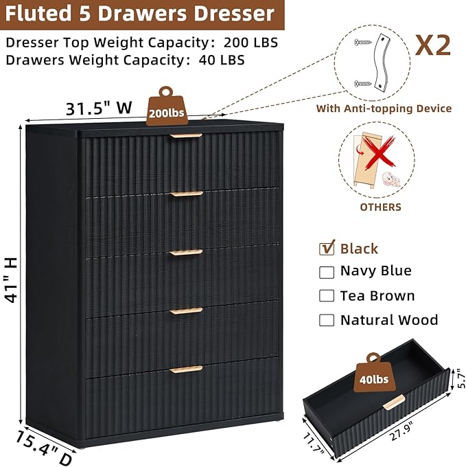 LEYAOYAO Fluted 5 Drawers Dresser for Bedroom Set of 2, 41" Tall Modern Chest of Drawers with Metal Handle, Curved Profile Design,Black Wood Drawer Organizer for Bedroom, Living Room, Hallway