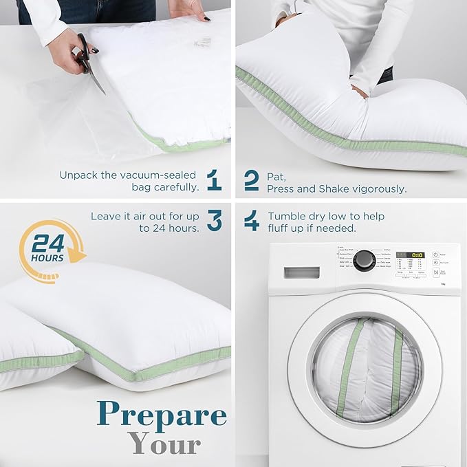 viewstar Bed Pillows Standard Size Set of 2, Hotel Cooling Down Alternative Gusseted Pillows for Side, Back, or Stomach Sleepers, Green