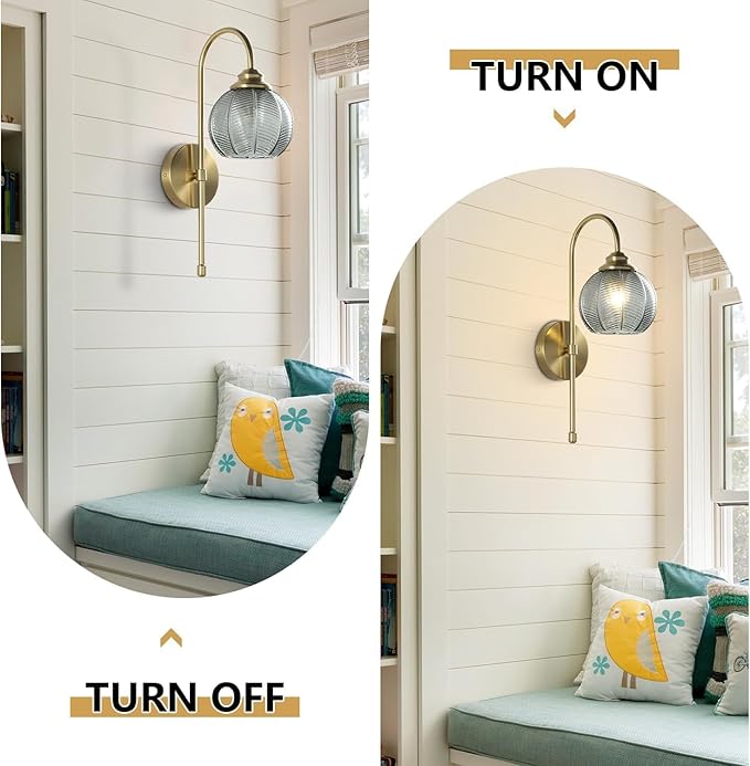 KCO Lighting Gold Wall Light Smoke Glass Globe Sconce Antique Brass Long Arm Sconce Minimalist Vintage Fireplace Wall Sconces Mid Century Modern Bedside