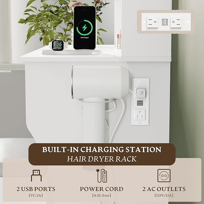 White Makeup Vanity Desk with Mirror and Lights, Small Vanity Table Set with Power Outlet, Dressing Table with 2 Drawer & 4 Storage Shelves, Adjustable RGB Lighting, Includes Chair for Girl’s Bedroom