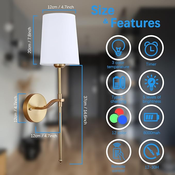 Wall Lights Battery Operated Wall Sconces Set of 2, Gold Rechargeable Wall Sconce with 15 RGB Dimmable Detachable Bulbs and Remote, Wireless Battery Powered Wall Lamp for Living Room Bedroom