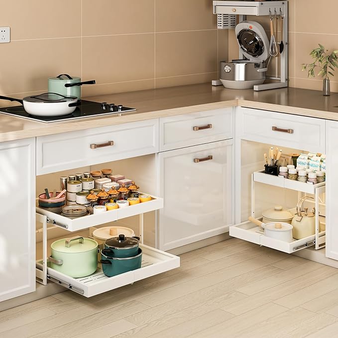 2-Tier Expandable Pull Out Cabinet Organizer, 16.9" Deep Heavy-Duty Slide Rail Slide Out Drawer Organizers with Adhesive Nano Film for Pots, Roll out Shelf Storage for Kitchen & Pantry Storage,White