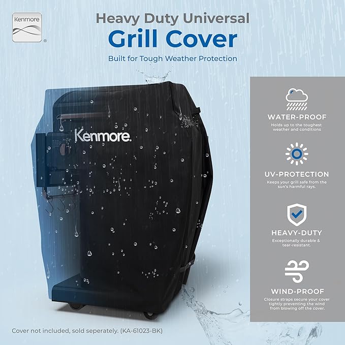 Kenmore 3-Burner Gas Grill | Foldable Side Tables, Cast Iron Cooking Grates, Warming Rack, Hooks for BBQ Grilling Tools, Propane Gas Barbecue Grill, 30,000 BTUs, Black with Copper Accent
