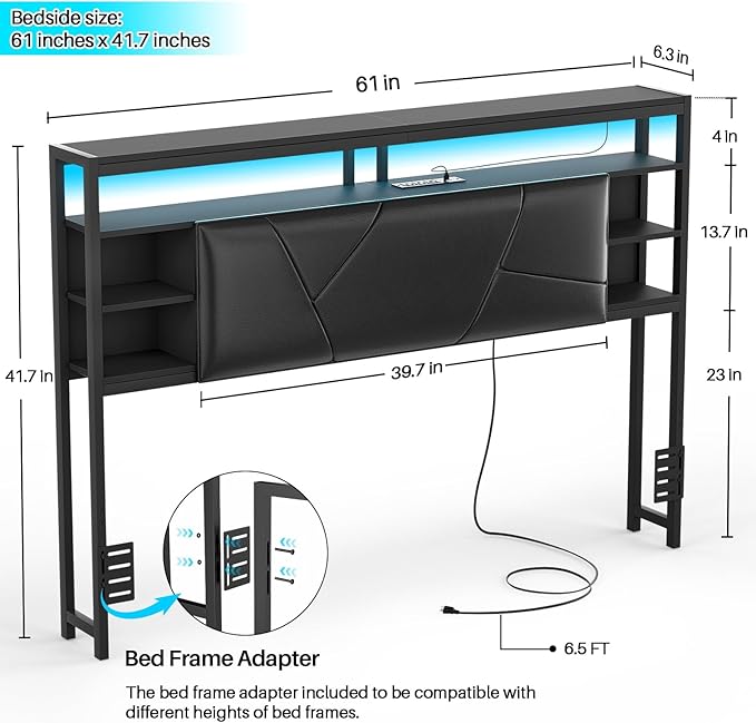 Queen Size Headboard with Charging Station and Smart RGB LED Lights, Queen Bed Upholstered Head Board with Storage Shelf, Sturdy and Solid Headboards for Bedroom, Guest Room and Dorm, Black