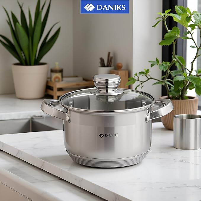Daniks Standard Stainless Steel Stock Pot with Glass Lid – Induction 3 Quart, Dishwasher Safe, Measuring Scale, For Soup, Pasta, Stew, Silver