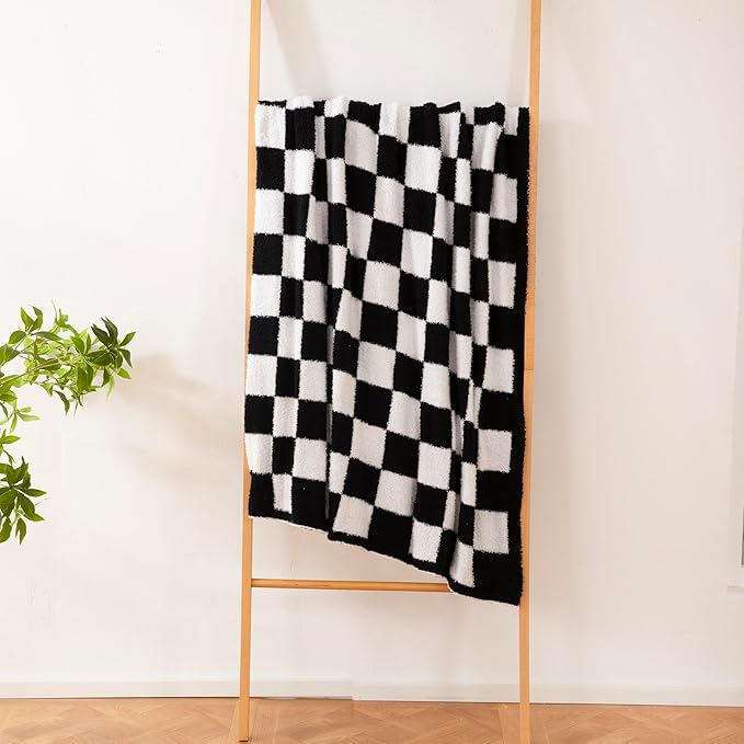 YIRUIO Throw Blankets Checkerboard Grid Chessboard Gingham Warmer Comfort Reversible Shaggy Cozy Decor for Home Bed Couch (Black, 60''x80'')