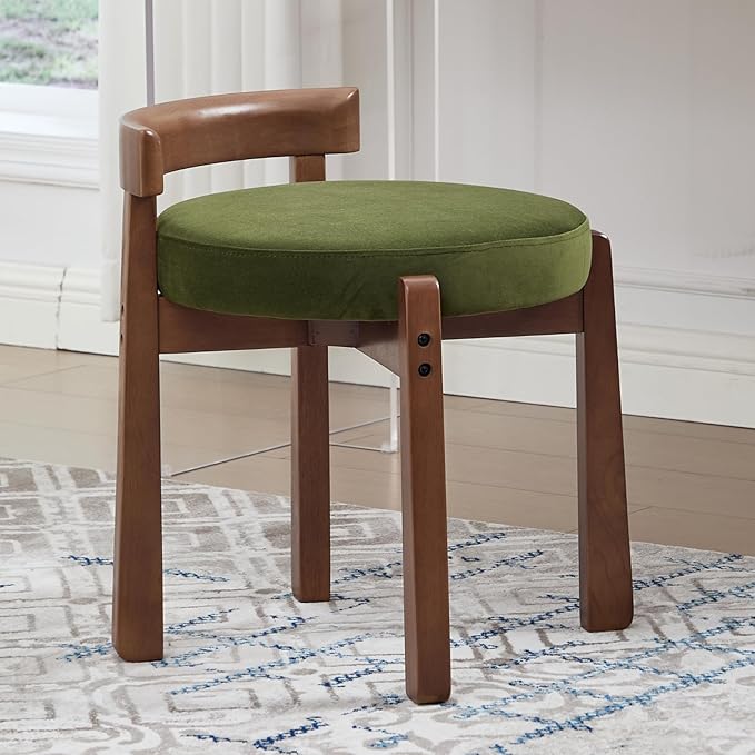 DUOMAY Modern Velvet Vanity Stools Set of 2, Upholstered Low Back Ottomans with Solid Wood Legs Cute Round Footrest Makeup Stools Dressing Seat for Living Room Bedroom, Green