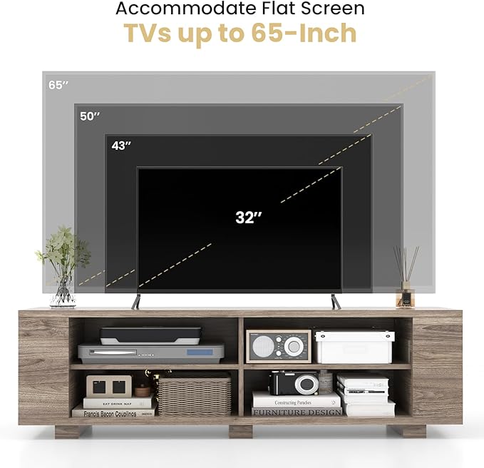 Giantex Modern TV Stand for TVs up to 65 Inch, Wood Entertainment Center w/ 8 Open Storage & Adjustable Shelves, Television Stands w/Cable Holes, TV Console Table for Living Room Bedroom (Black Oak)