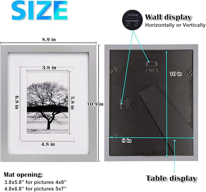 Egofine 8x10 Picture FrameMade of Solid Wood with Plexiglass, Display Pictures 4x6/5x7 with Mat or 8x10 Without Mat, for Tabletop and Wall Mounting Photo Frame, Light Gray