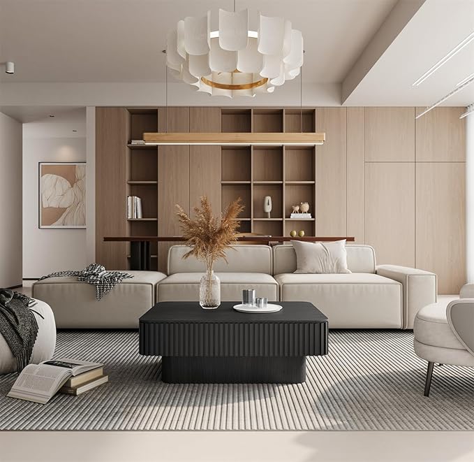 Lift Top Coffee Table for Living Room,Rectangle Handmade Solid Wood Strips, Fluted Coffee Table with Hidden Storage Compartment for Small Space Office Apartment (38.6"L×26.8''W×13.8''H-Black)