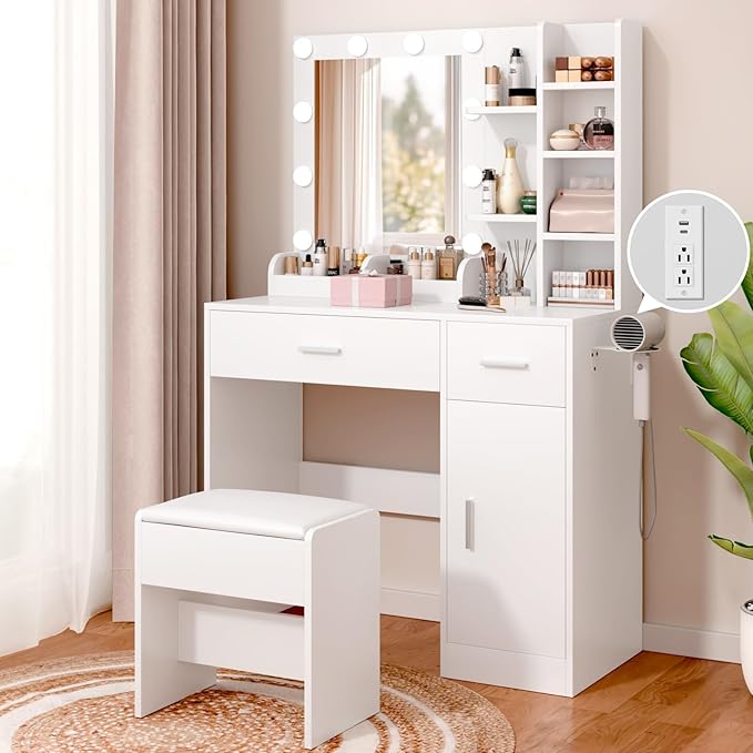 Vanity Desk with Mirror and Lights， Makeup Vanity Desk with Lights 3 Colors，Dressing Table with 10 Bulbs Light, Power Outlet & 2 Drawers and Vanity Stool, for Bedroom Dressing Room (White)