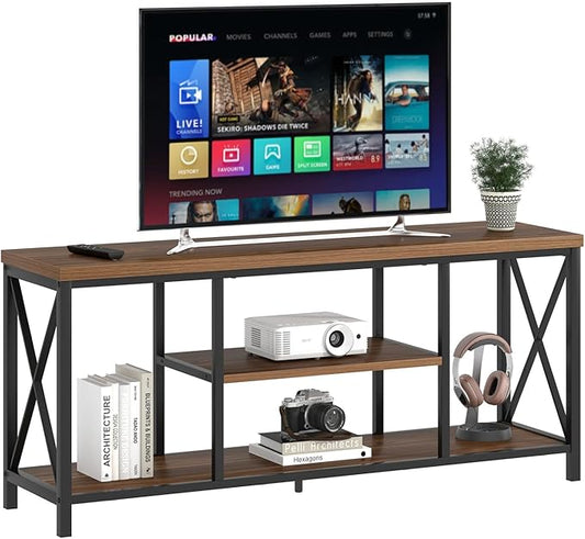 FOLUBAN Modern Entertainment Center for TVs up to 65 Inch, Rustic Wood Television Stands, Industrial TV Console and TV Cabinet for Living Room, Farmhouse TV Table for Bedroom, 55 Inch Walnut