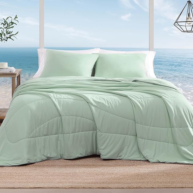 Monbix ChillChilla Cooling Comforter King Size-3 Pieces Cooling Blankets for Hot Sleepers and Night Sweats, Double-Sided Summer King Size Comforter Set, Breathable Lightweight Blanket Grey Green