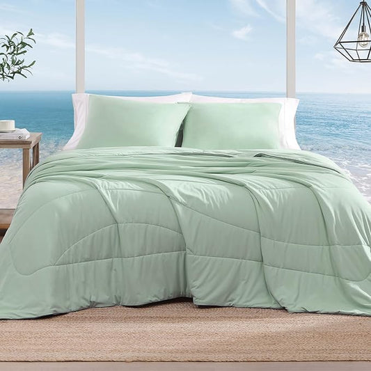 Monbix ChillChilla Cooling Comforter Queen Size-3 Pieces Cooling Blankets for Hot Sleepers and Night Sweats, Double-Sided Summer Queen Comforter Set, Breathable Lightweight Blanket Grey Green