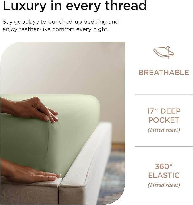 Threadmill Luxury Supima Cotton Sheets, Luxury 1000 Thread Count Soft 100% Cotton Sheets for Queen Size Bed, 4 Pc Sage Green Bed Sheets Queen Set, 5-Star Hotel Quality Deep Pocket Bed Sheets Set