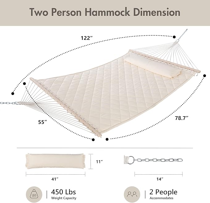 ANOW Two Person Hammock with Spreader Bars and Detachable Pillow, Heavy Duty Hammock for Outdoors Indoors, 450 LBS Weight Capacity, Cream
