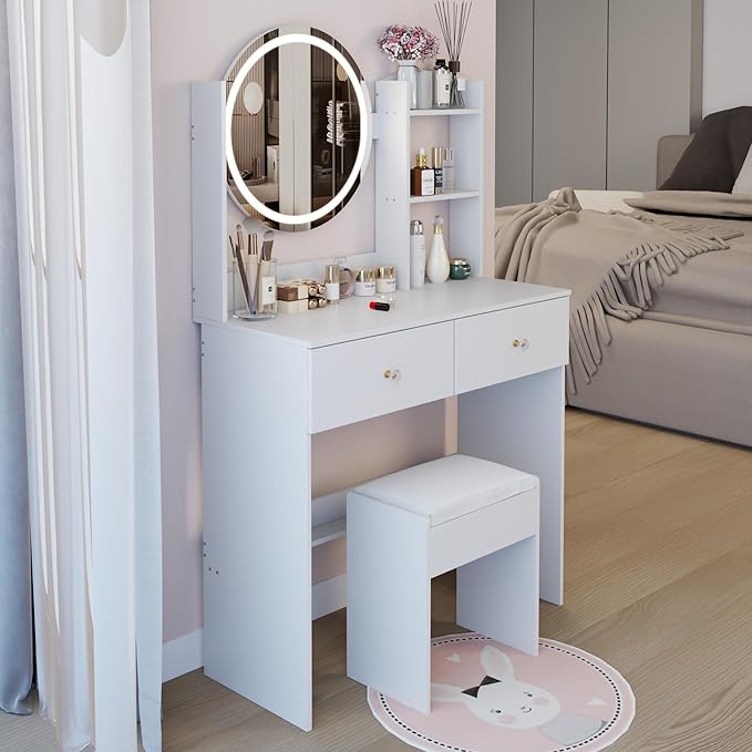 31.5" Small Vanity Desk with Mirror and Lights, Makeup Table with Led Lights, 3 Lighting Colors, Vanity Set with 2 Drawers and Stool for Small Space Bedroom, White