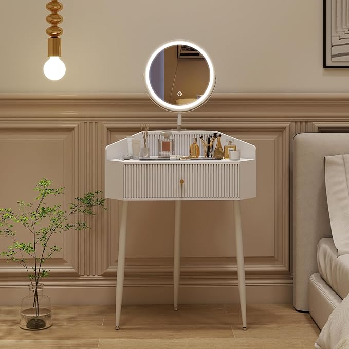 ARTETHYS Corner Vanity Desk with Retractable and Rotating Mirror and Lights Small Modern White Makeup Vanity Set with Glass Top for Women Compact Girls Dressing Table with Storage for Small Space