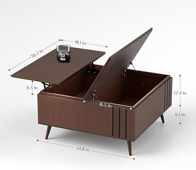 36" Lift Top Coffee Table with Storage,Large Square Coffee Tables for Living Room,Mid Century Modern Center Table for Home Office, Dark Walnut