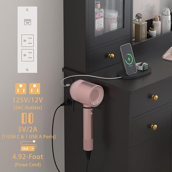 Vanity Desk with Mirror and Lights, 43" Black Makeup Vanity Set with 5 Drawers & Glass Cabinets, Storage Stool, Power Outlet & Adjustable LED Lights, Dressing Table for Women & Girls Bedroom